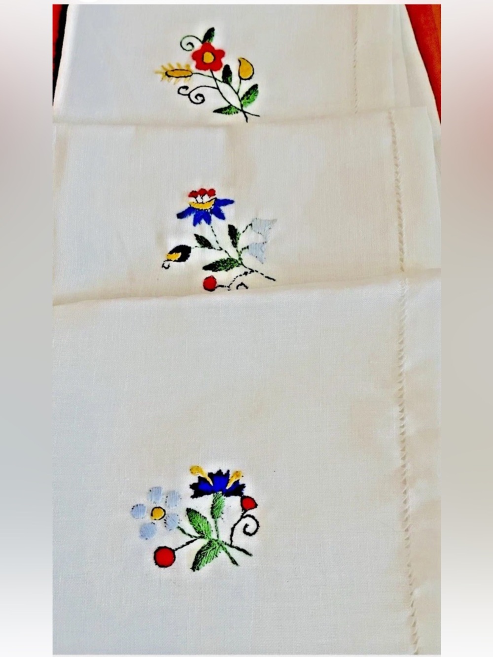 Embroidered Floral Linen square napkins White with Red, Blue & Yellow Flowers